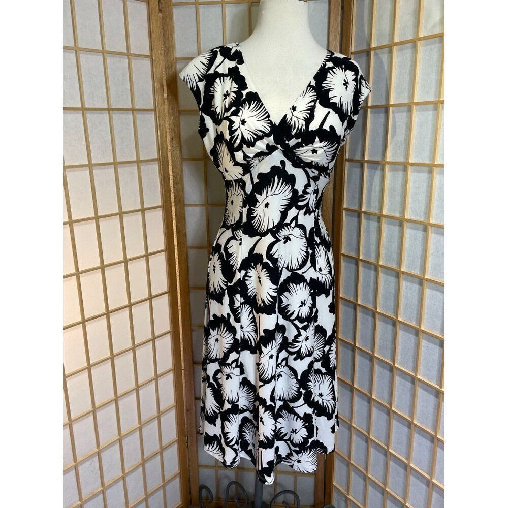 Chaps Ralph Lauren Sm Black & White Floral Faux Wrap Fit & Flare Dress